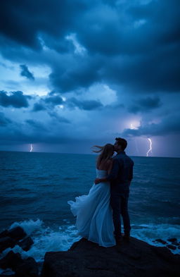 A melancholic yet beautiful romantic scene depicting a couple standing on the edge of a cliff, overlooking a stormy sea at dusk