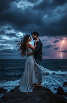 A melancholic yet beautiful romantic scene depicting a couple standing on the edge of a cliff, overlooking a stormy sea at dusk