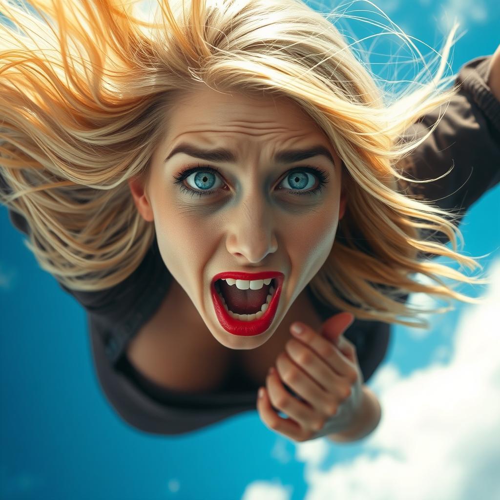 A beautiful blonde woman with striking blue eyes and red lips is falling from the sky, her hair flowing dramatically in the wind