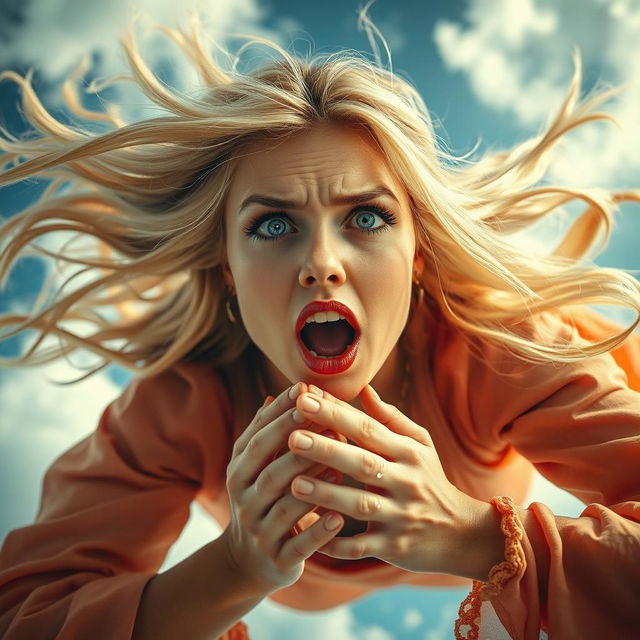 A beautiful blonde woman with striking blue eyes and red lips is falling from the sky, her hair flowing dramatically in the wind