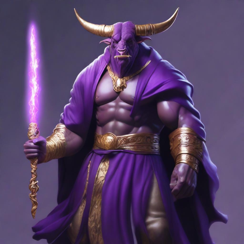 A semi-realistic digital art image of a Minotaur wizard with gold fangs, dressed in a purple robe and holding a magical staff