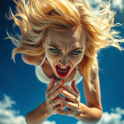 A beautiful blonde woman with striking blue eyes and red lips is falling from the sky, her hair flowing dramatically in the wind