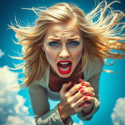 A beautiful blonde woman with striking blue eyes and red lips is falling from the sky, her hair flowing dramatically in the wind