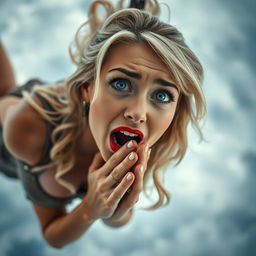 A beautiful blonde woman with striking blue eyes and vibrant red lips is depicted falling from the sky