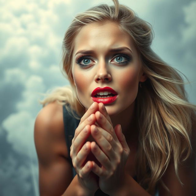 A beautiful blonde woman with striking blue eyes and vibrant red lips is depicted falling from the sky