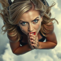 A beautiful blonde woman with striking blue eyes and vibrant red lips is depicted falling from the sky