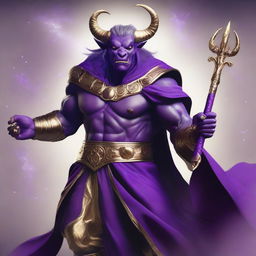 A semi-realistic digital art image of a Minotaur wizard with gold fangs, dressed in a purple robe and holding a magical staff