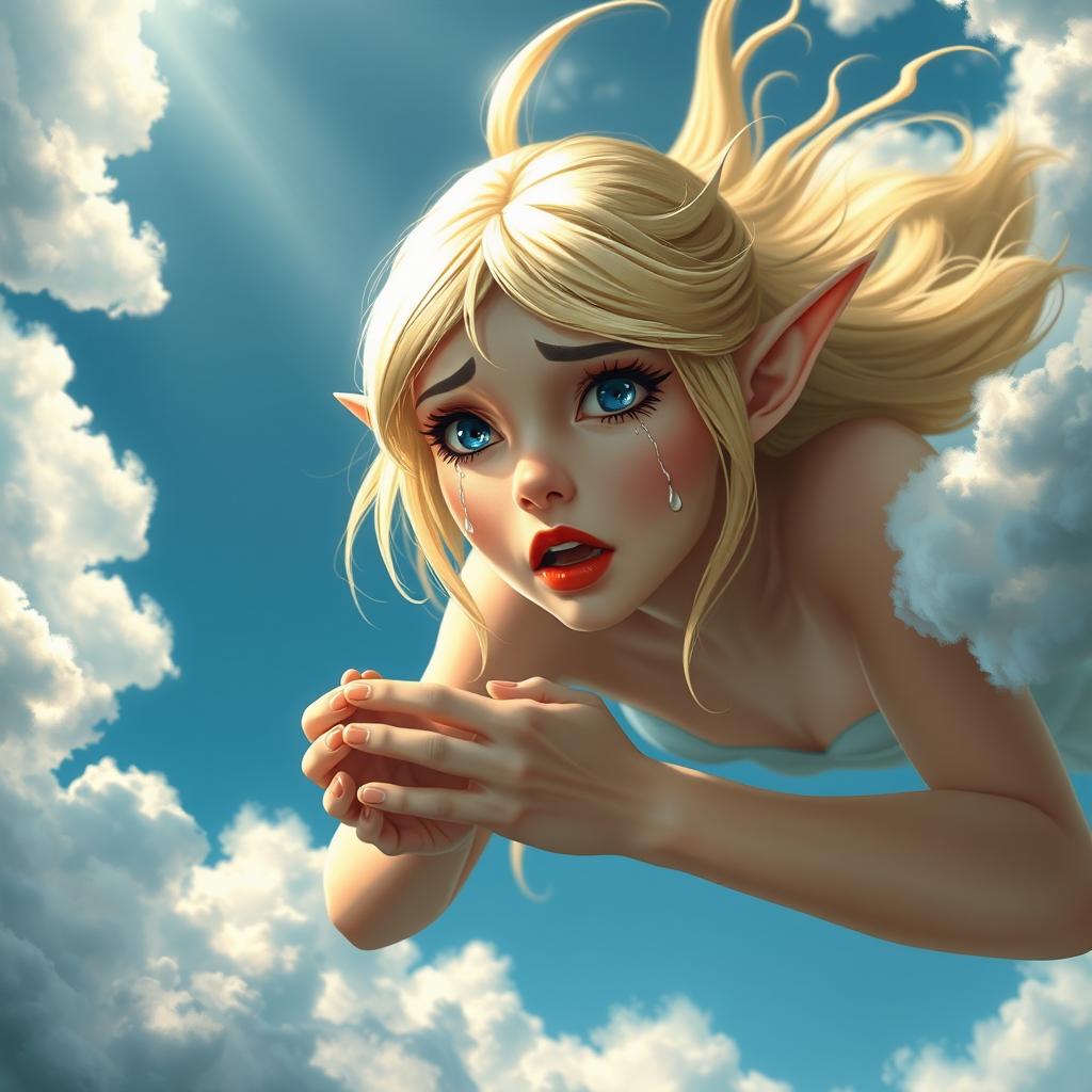 A beautiful blonde elf princess with striking blue eyes and vibrant red lips is depicted falling from the sky