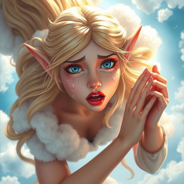 A beautiful blonde elf princess with striking blue eyes and vibrant red lips is depicted falling from the sky