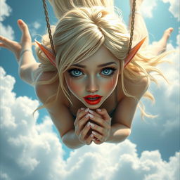 A beautiful blonde elf princess with striking blue eyes and vibrant red lips is depicted falling from the sky