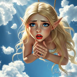 A beautiful blonde elf princess with striking blue eyes and vibrant red lips is depicted falling from the sky