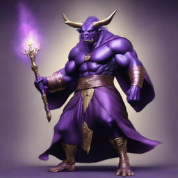 A semi-realistic digital art image of a Minotaur wizard with gold fangs, dressed in a purple robe and holding a magical staff