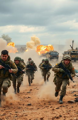 A dynamic battlefield scene depicting soldiers advancing on the flanks during a heated combat scenario