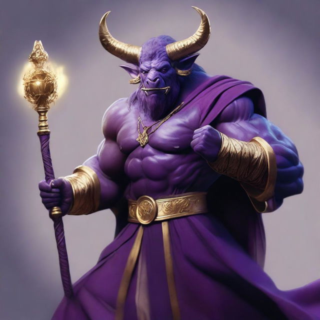 A semi-realistic digital art image of a Minotaur wizard with gold fangs, dressed in a purple robe and holding a magical staff