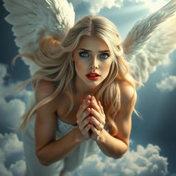 A stunning blonde angel queen with striking blue eyes and bold red lips, gracefully falling from a cloudy sky