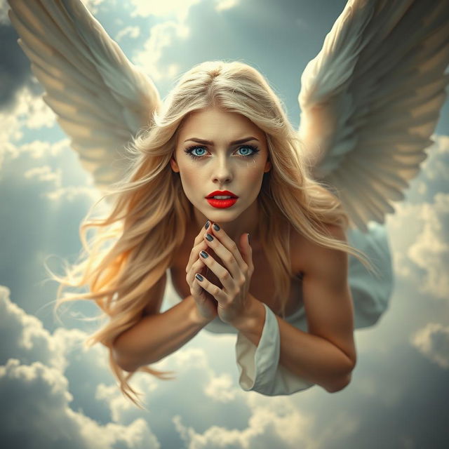 A stunning blonde angel queen with striking blue eyes and bold red lips, gracefully falling from a cloudy sky