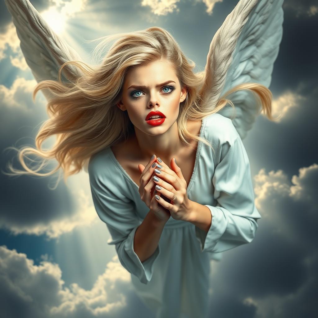 A stunning blonde angel queen with striking blue eyes and bold red lips, gracefully falling from a cloudy sky