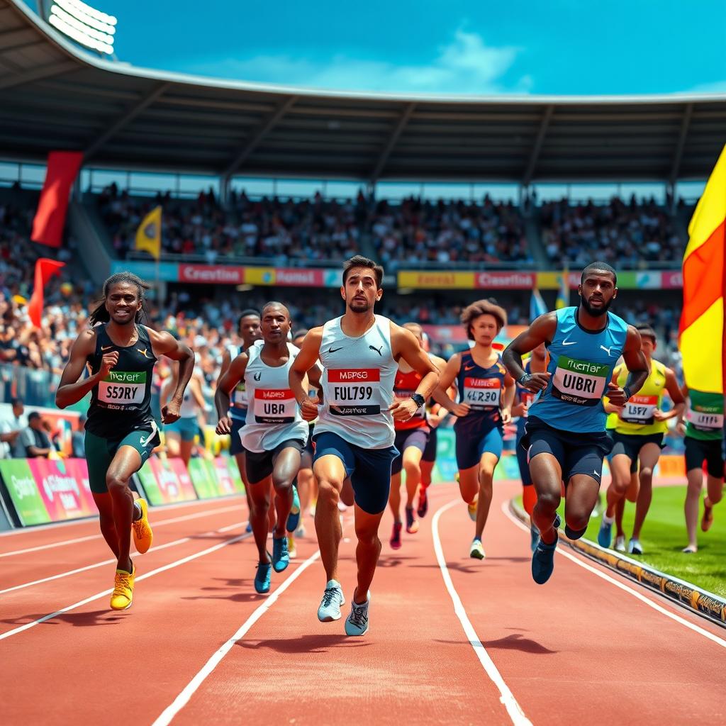 An energetic and vibrant scene depicting athletes moving on the flanks during a competitive sporting event, such as a track and field race