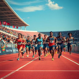 An energetic and vibrant scene depicting athletes moving on the flanks during a competitive sporting event, such as a track and field race