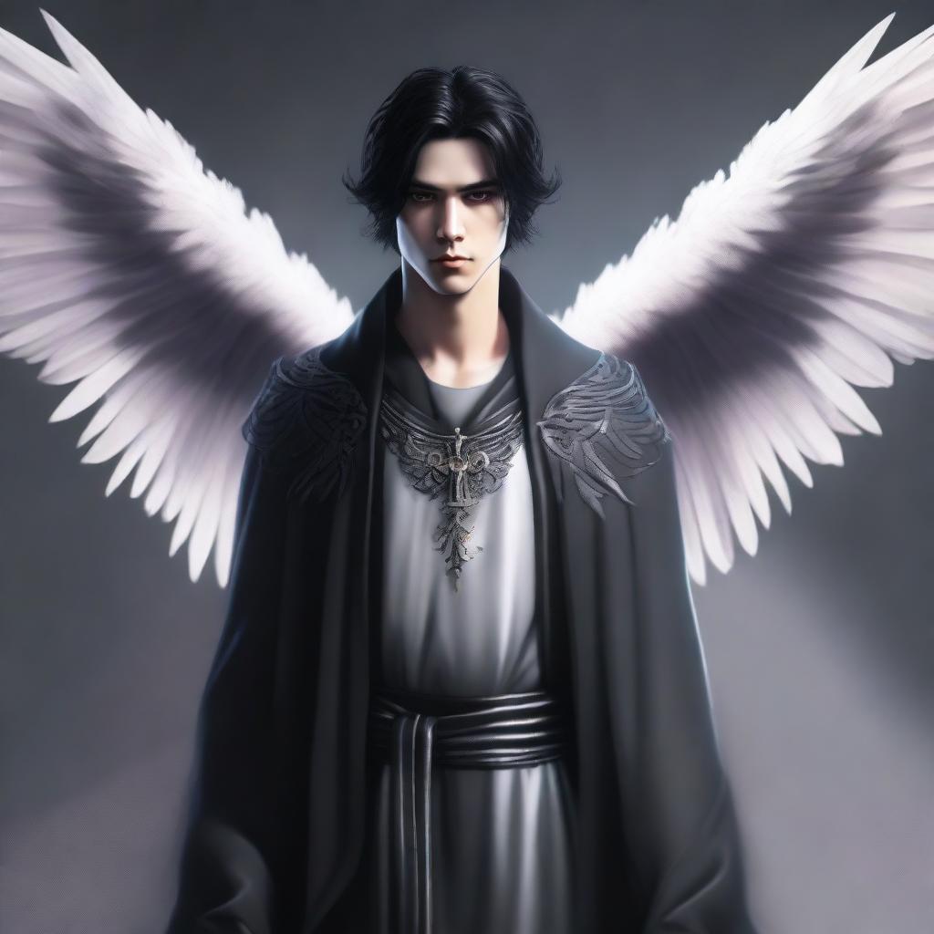 A semi-realistic digital art image of an angelic man dressed in goth robes