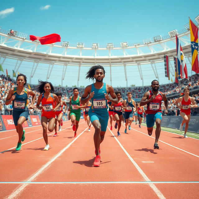 An energetic and vibrant scene depicting athletes moving on the flanks during a competitive sporting event, such as a track and field race