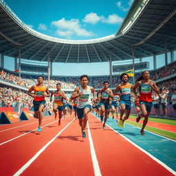 An energetic and vibrant scene depicting athletes moving on the flanks during a competitive sporting event, such as a track and field race