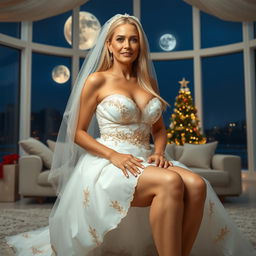 A full-body image of a beautiful 55-year-old mature woman with Venezuelan features, wearing a sexy short wedding dress with a white veil and golden details