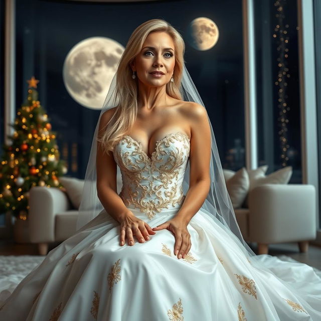 A full-body image of a beautiful 55-year-old mature woman with Venezuelan features, wearing a sexy short wedding dress with a white veil and golden details