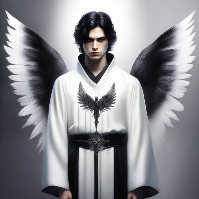 A semi-realistic digital art image of an angelic man dressed in goth robes