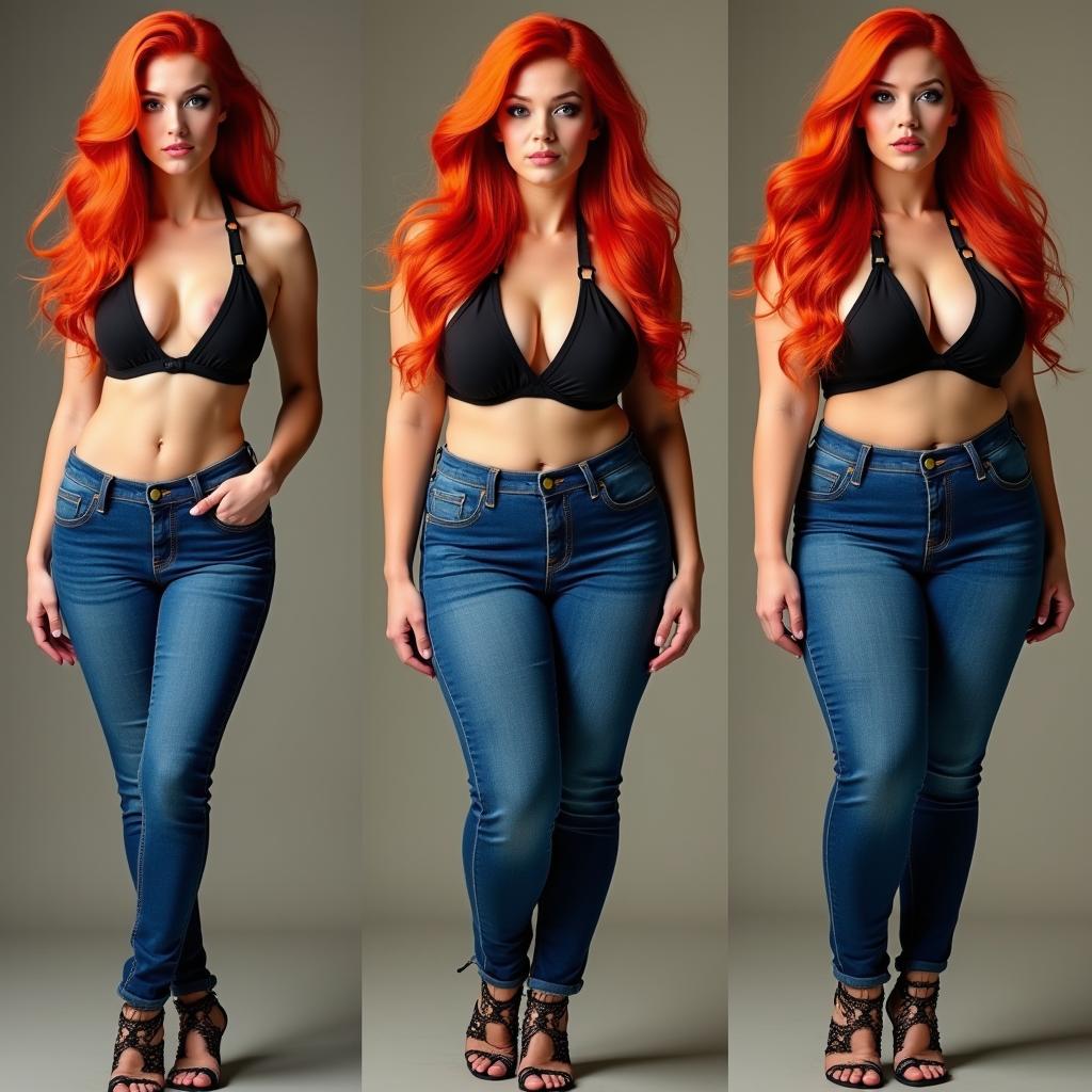 Three full-length photos of a beautiful, sexy girl with long flame red hair and bright makeup