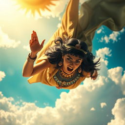 An ethereal scene showing Cleopatra, depicted as a majestic figure, falling from the sky