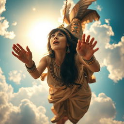 An ethereal scene showing Cleopatra, depicted as a majestic figure, falling from the sky