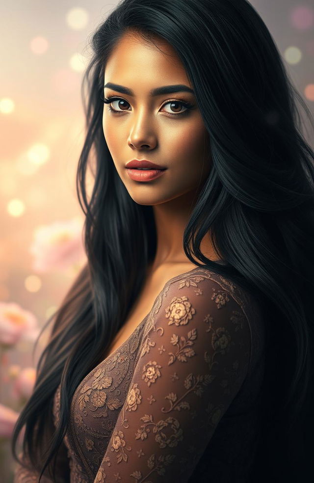 A stunning portrait of Delara Philocalist, a beautiful woman with striking features, long flowing black hair cascading down her shoulders, and dark, captivating eyes