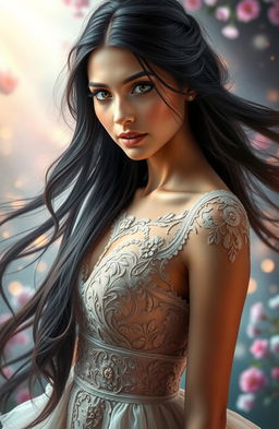 A stunning portrait of Delara Philocalist, a beautiful woman with striking features, long flowing black hair cascading down her shoulders, and dark, captivating eyes