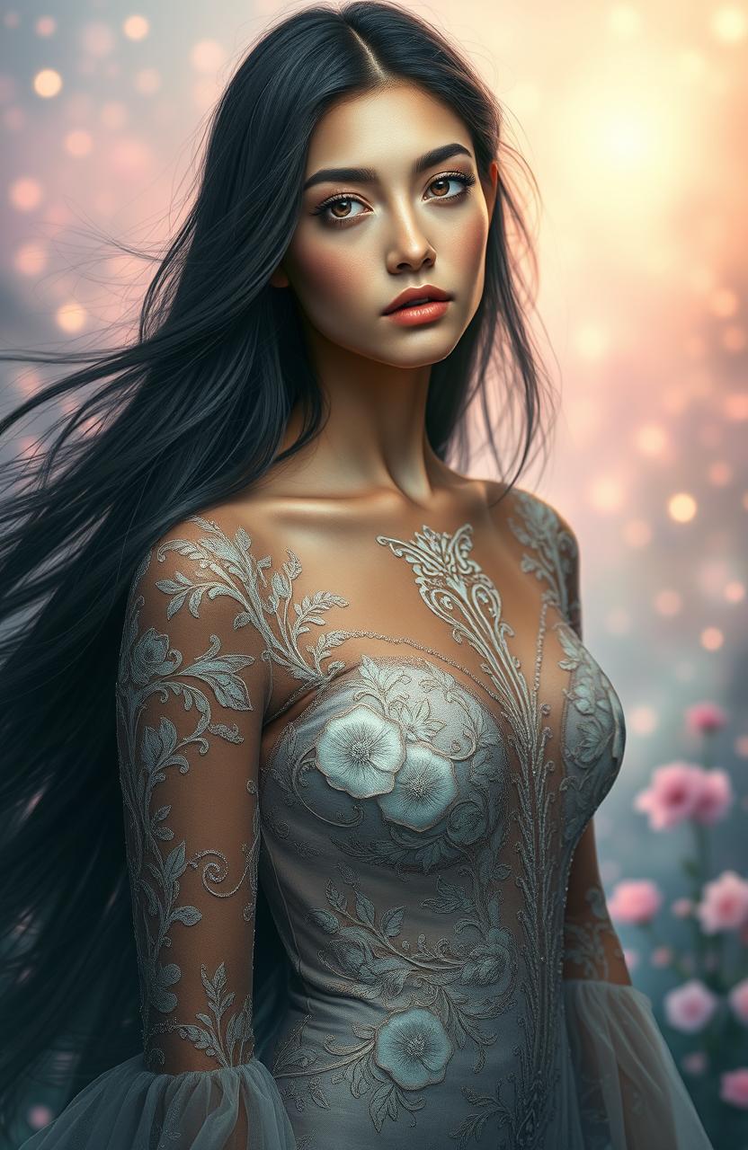 A stunning portrait of Delara Philocalist, a beautiful woman with striking features, long flowing black hair cascading down her shoulders, and dark, captivating eyes