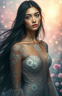 A stunning portrait of Delara Philocalist, a beautiful woman with striking features, long flowing black hair cascading down her shoulders, and dark, captivating eyes