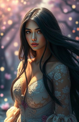 A stunning portrait of Delara Philocalist, a beautiful woman with striking features, long flowing black hair cascading down her shoulders, and dark, captivating eyes