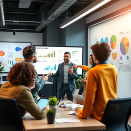 A creative and vibrant office scene depicting a diverse team of corporate marketers strategizing a successful campaign