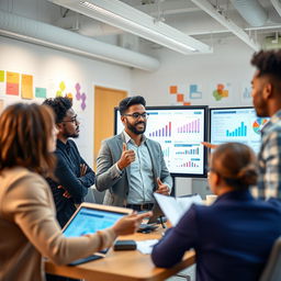 A creative and vibrant office scene depicting a diverse team of corporate marketers strategizing a successful campaign