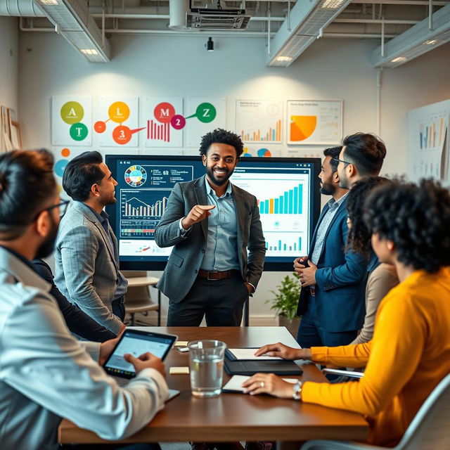 A creative and vibrant office scene depicting a diverse team of corporate marketers strategizing a successful campaign