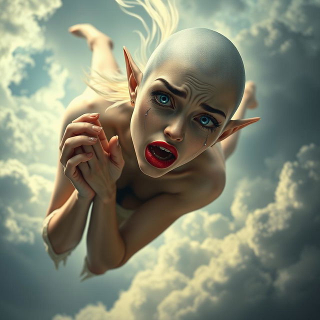 A beautiful bald elf woman with striking blue eyes and vibrant red lips, appearing to fall gracefully from the sky