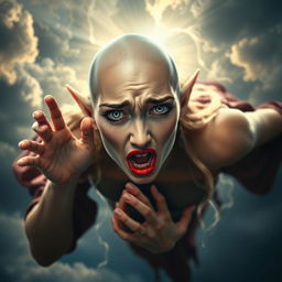 A beautiful bald elf woman with striking blue eyes and vibrant red lips, appearing to fall gracefully from the sky