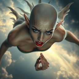 A beautiful bald elf woman with striking blue eyes and vibrant red lips, appearing to fall gracefully from the sky