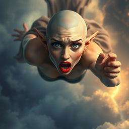 A beautiful bald elf woman with striking blue eyes and vibrant red lips, appearing to fall gracefully from the sky