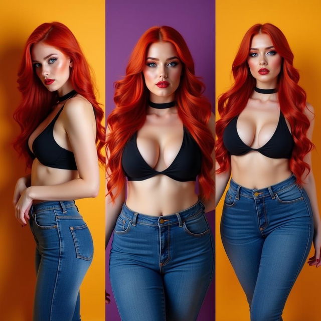 Three full-length photos of a beautiful, sexy girl with long flame red hair and bright makeup