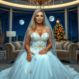 A full-body image of a beautiful 55-year-old mature woman with Venezuelan features, wearing a sexy short wedding dress with a white veil adorned with golden details