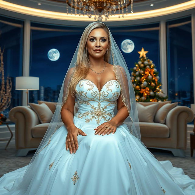 A full-body image of a beautiful 55-year-old mature woman with Venezuelan features, wearing a sexy short wedding dress with a white veil adorned with golden details