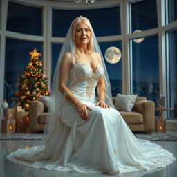 A full-body image of a beautiful 55-year-old mature woman with Venezuelan features, wearing a sexy short wedding dress with a white veil adorned with golden details