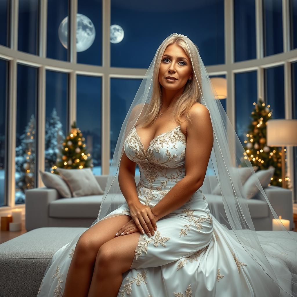 A full-body image of a beautiful 55-year-old mature woman with Venezuelan features, wearing a sexy short wedding dress with a white veil adorned with golden details