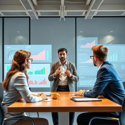 A creative corporate scenario illustrating a strategic approach in marketing where a team of diverse professionals is maneuvering through flanks in a competitive business landscape